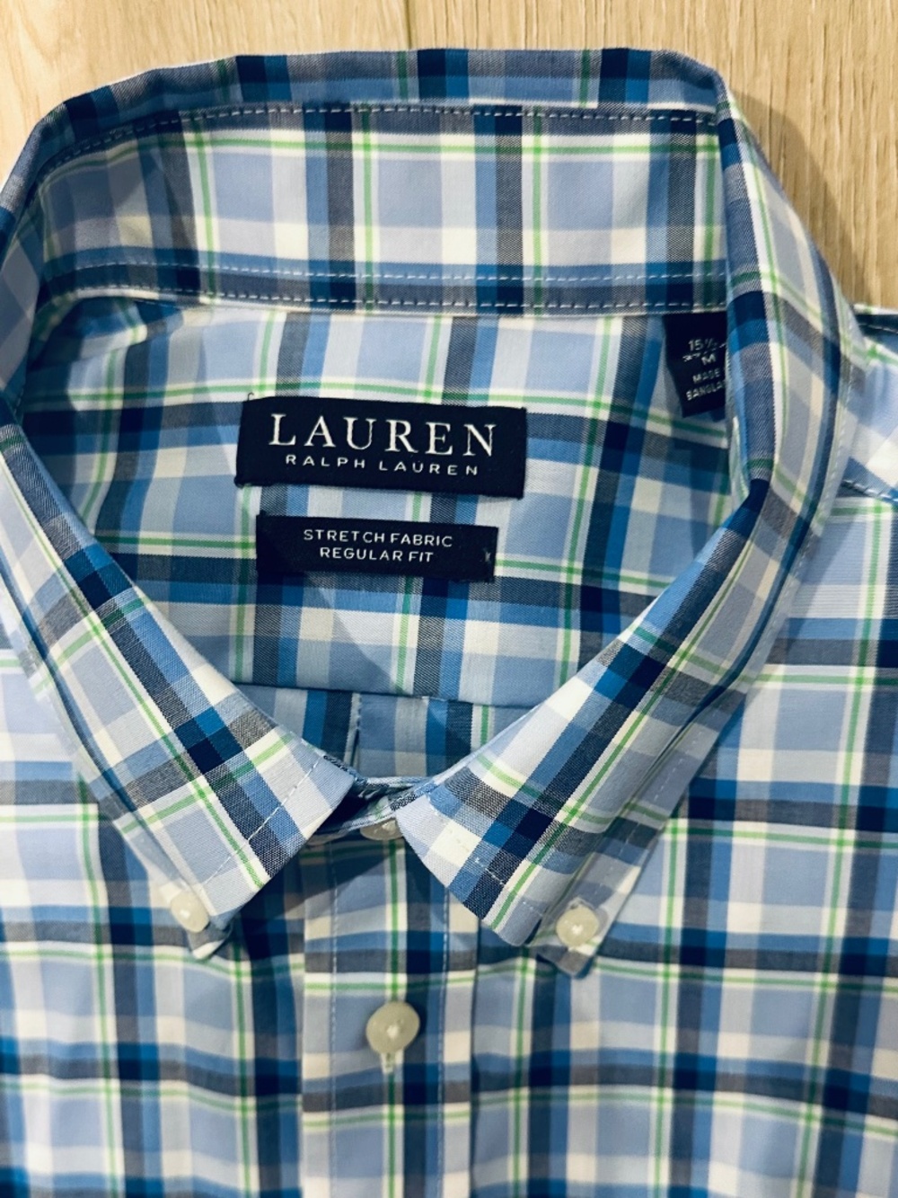 Lauren Ralph Lauren Mens MEDIUM Plaid Button Down Shirt Large Green Blue Stretch